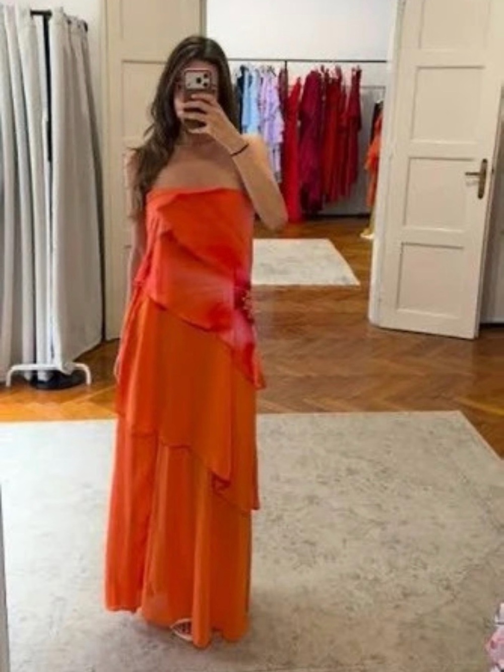 Strapless Orange Layered Evening Dress - Picture 5 of 5
